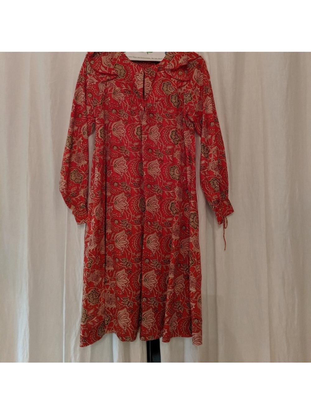 Anton Batik XS Red Floral Long-Sleeve Midi Dress 100% cotton